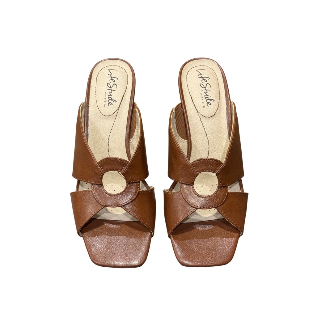 LifeStride Thrill Womens Brown Block Heel Square Toe Slide Sandal Mules 7.5M